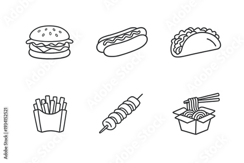 A collection of six minimalist white line art icons representing popular fast food items including a burger, hot dog, taco, french fries, kebab, and noodles on a black background.