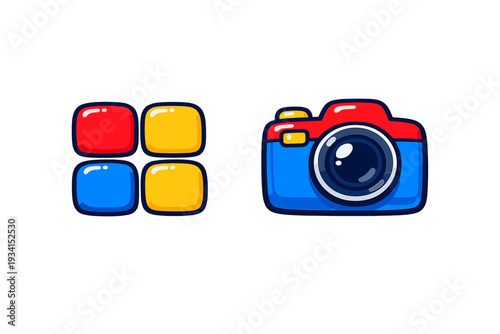A vibrant cartoon illustration featuring four colorful rounded squares in a grid next to a stylized digital camera with red and blue casing on a solid black background.