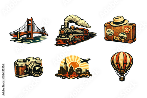 Six retro travel icons including a suspension bridge, locomotive, luggage, camera, cityscape, and hot air balloon, presented in a vintage woodcut style on a dark background.