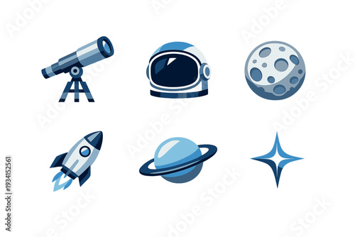A collection of six blue space-themed icons including a telescope, astronaut helmet, cratered moon, rocket ship, ringed planet, and a four-pointed star on a black background.