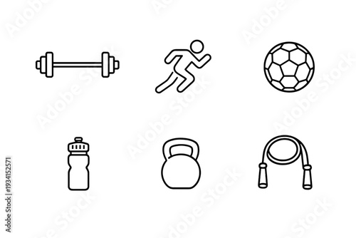 A collection of six minimalist white outline icons representing fitness and sports equipment, including a barbell, runner, soccer ball, water bottle, kettlebell, and jump rope.