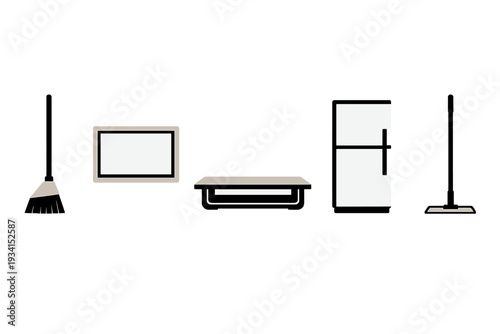 A minimalist illustration featuring common household items including a broom, television, table, refrigerator, and mop arranged in a row against a solid black background.