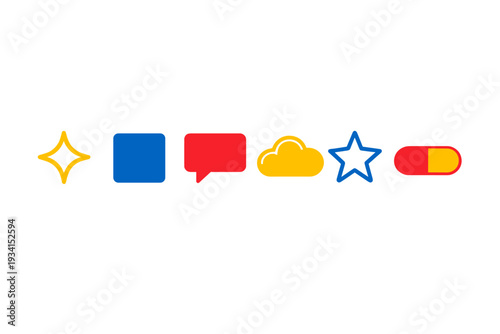 Six simple graphic icons featuring a yellow sparkle, blue square, red speech bubble, yellow cloud, blue star outline, and a red and yellow pill on a dark black background.