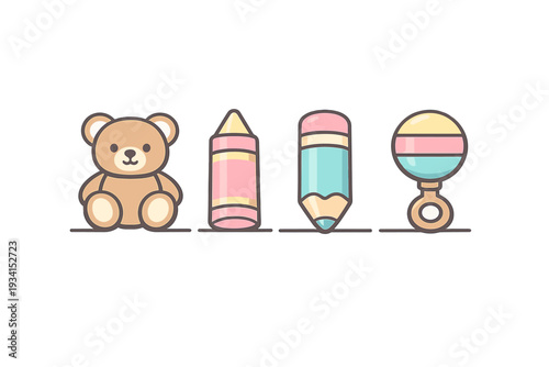 A collection of four cute baby and childhood icons including a teddy bear, a pink crayon, a blue pencil, and a rattle, all presented in a flat illustration style on a black background.