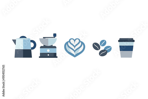 A collection of five minimalist coffee-themed icons including a kettle, grinder, latte art heart, coffee beans, and a takeaway cup, all rendered in shades of blue on a black background.