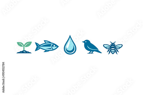 Five minimalist icons representing nature and ecology, featuring a sprout, fish, water drop, bird, and bee, displayed in a horizontal line on a dark black background.