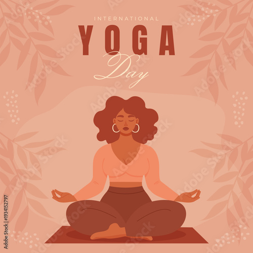 International yoga day woman meditating in lotus pose wellness poster vector illustration.