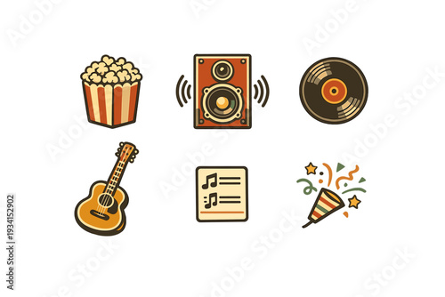 A collection of six retro-style entertainment icons featuring popcorn, a speaker, a vinyl record, an acoustic guitar, musical notes, and a party popper on a black background.