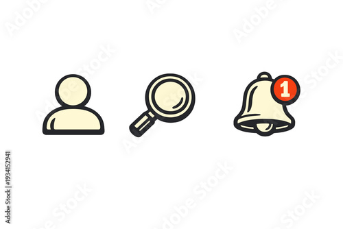 A set of three stylized icons including a person silhouette, a magnifying glass for search, and a notification bell with a red number one badge, all set against a black background.