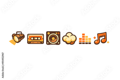 A row of six stylized icons representing entertainment and media, including a spotlight, cassette tape, speaker, popcorn, sound bars, and musical notes on a black background.