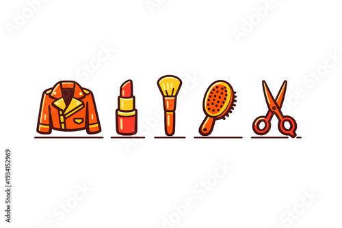 A set of five stylized fashion and beauty icons including a jacket, lipstick, makeup brush, hairbrush, and scissors, presented in a warm orange and yellow color palette on a black background.