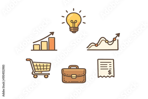 A collection of business icons featuring a light bulb, bar chart, line graph, shopping cart, briefcase, and a receipt with a dollar sign, all in a flat illustrative style on a dark background.