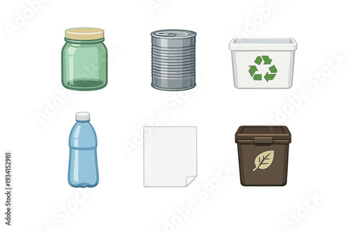 Six icons representing different types of recyclable materials and waste bins, including a glass jar, metal can, plastic bottle, paper sheet, and recycling and compost containers.