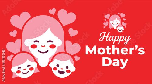 Happy Mothers Day Loving Family Illustration with Mother and Children