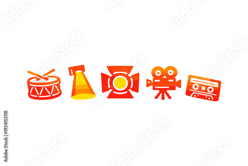 A set of five orange and yellow gradient icons representing entertainment and media, including a drum, spotlight, stage light, movie camera, and cassette tape on a black background.
