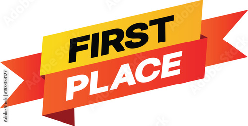 Yellow and orange ribbon banner with black and white first place text winner victory success