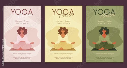 Yoga classes poster set with woman in lotus pose and colorful templates vector illustration.