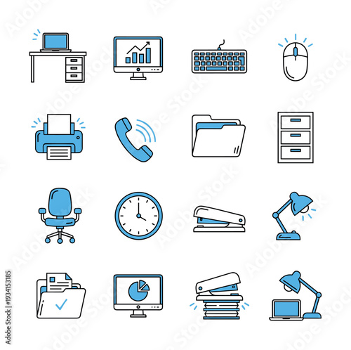 Collection of modern office icons in blue and gray, representing business and technology