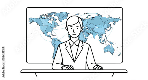 Flat 2D illustration of a news anchor presenting in front of a world map on a screen with a global and headlines theme.