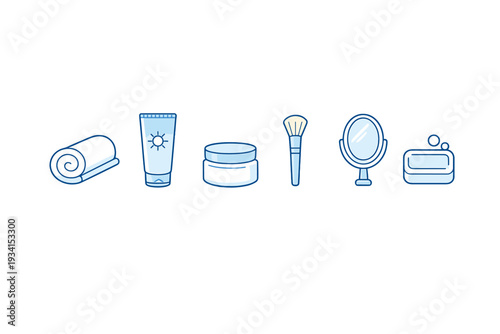 A collection of six blue skincare and beauty icons including a towel, sunscreen tube, cream jar, makeup brush, mirror, and soap bar, arranged in a row on a black background.