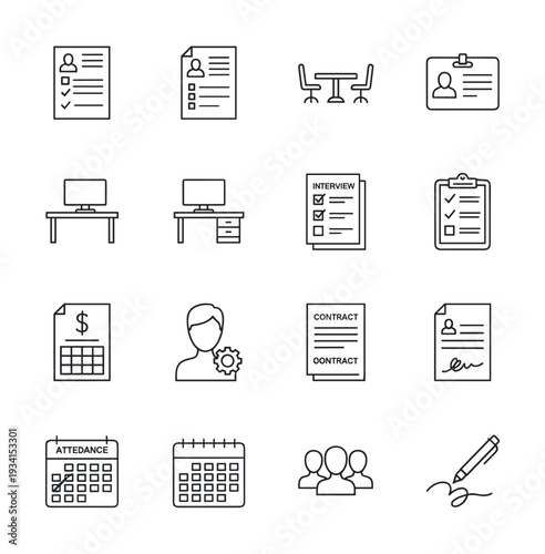 Collection of business and office icons representing hiring and management processes