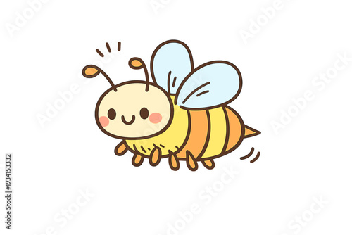 A cute cartoon honeybee with yellow and orange stripes, light blue wings, and a smiling face flies against a solid black background. This kawaii illustration features simple lines.