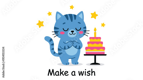 Cute blue cartoon cat makes a wish next to a birthday cake and stars