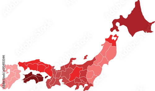 Red Japan Heatmap Vector Illustration - Administrative Map with Shaded Prefectures for Data and Statistics