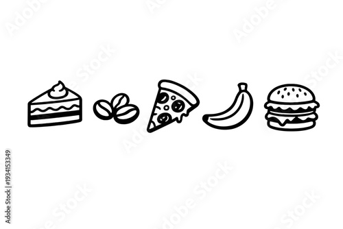 A minimalist black and white line art illustration featuring icons of a slice of cake, coffee beans, a slice of pizza, a banana, and a hamburger arranged in a horizontal row.
