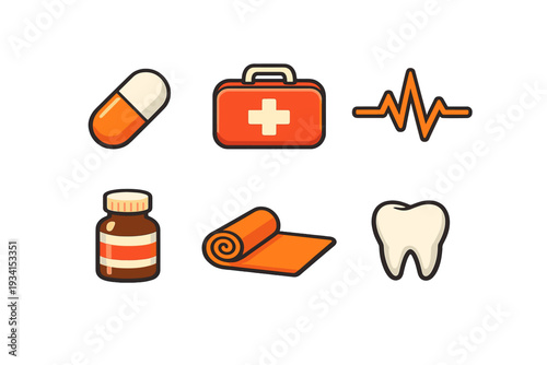 Six stylized medical icons including a capsule, first aid box, pulse line, medicine jar, bandage roll, and a tooth. The set features a warm orange and brown color scheme on a black background.