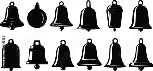 Collection of various black bell shapes and sizes