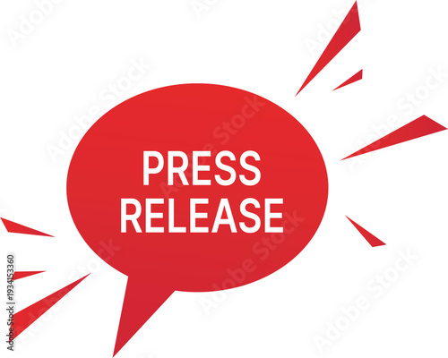 Red speech bubble with white text announcing press release announcement communication news