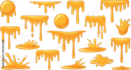 Honey Drips and Splashes Set with Golden Liquid Drops Sticky Syrup Flow and Splash Elements Isolated Glossy Vector Illustration Collection