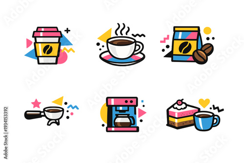 A set of six colorful coffee-themed icons featuring a takeaway cup, espresso, coffee beans, a portafilter, a coffee machine, and a slice of cake on a black background.