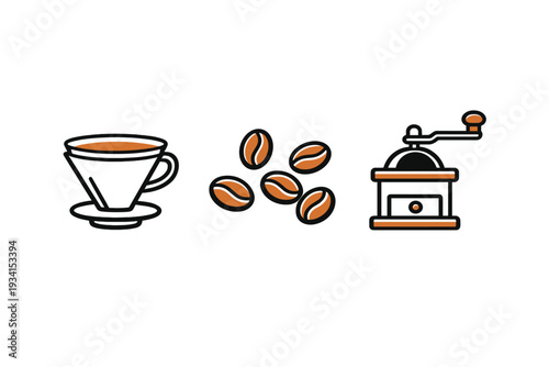 A minimalist illustration featuring a cup of coffee, several coffee beans, and a manual coffee grinder. The icons are styled with orange and white accents on a solid black background.
