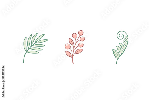 Three stylized botanical illustrations featuring a green leaf, a branch with pink berries, and a fern frond with a curled tip, all set against a solid black background.