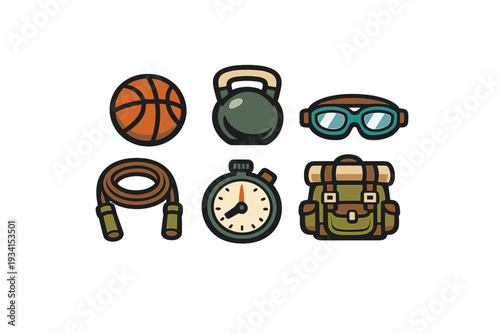 This illustration features six flat design icons representing sports and outdoor activities, such as a basketball, kettlebell, goggles, jump rope, timer, and hiking backpack.