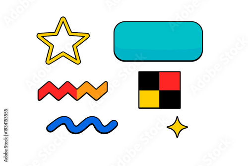 A collection of colorful geometric shapes including a star, wavy lines, and a rounded rectangle set against a solid black background. The design features vibrant primary and secondary colors.