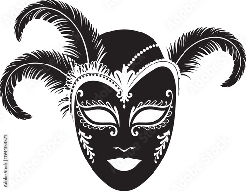 Black venetian masquerade mask with white details and feathers