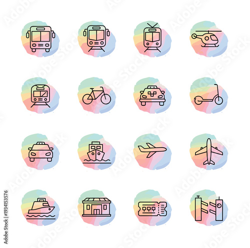 Collection of diverse transportation and travel icons on colorful watercolor splashes