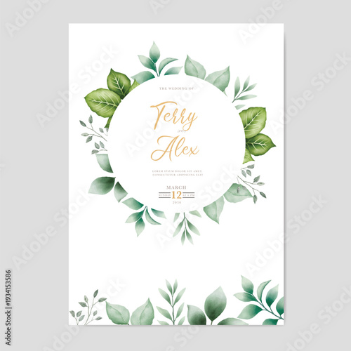 wedding invitation card template with green leaf watercolor on white background