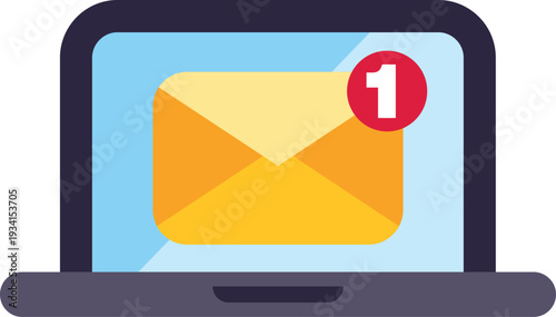Laptop showing a new email notification bubble with number one