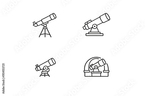 A collection of four white minimalist telescope icons on a black background, featuring various designs including a tripod mount and an observatory dome for astronomical observation.