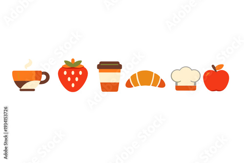 A row of flat design food and drink icons featuring a steaming coffee cup, a strawberry, a takeaway cup, a croissant, a chef hat, and a red apple on a black background.