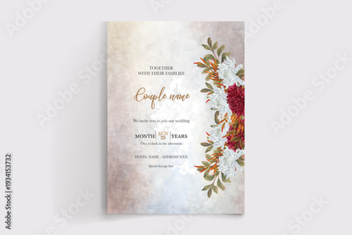 WEDDING INVITATION FRAME WITH FLOWER DECORATIONS AND FRESH LEAVES