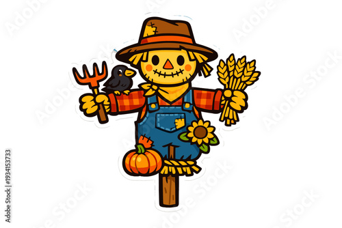A friendly cartoon scarecrow wearing blue overalls and a plaid shirt, holding a pitchfork and wheat stalks with a small crow on its shoulder and a pumpkin nearby.