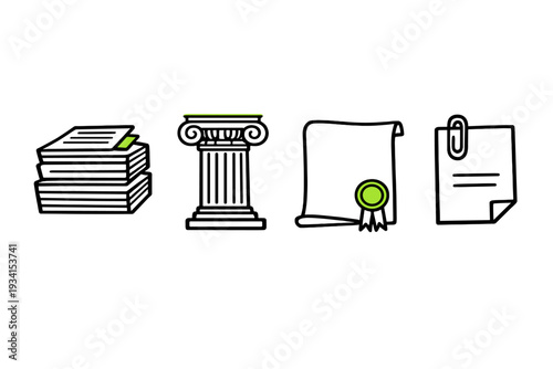 A set of four minimalist icons representing law and education, including a stack of books, a classical column, a certificate with a seal, and a clipped document on a black background.