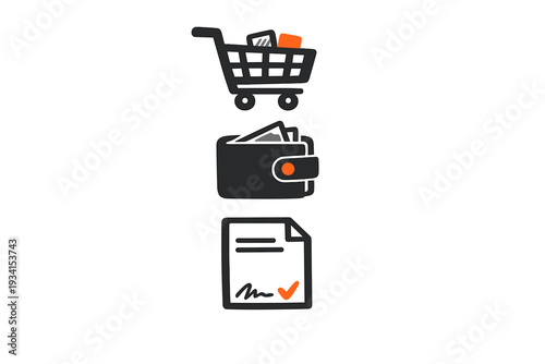 A set of three minimalist icons representing commerce and finance, featuring a shopping cart, a wallet, and a signed document with orange accents on a plain white background.