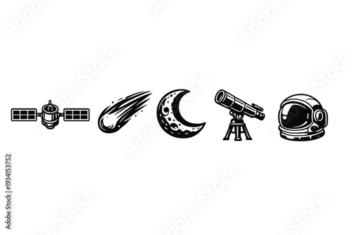 A collection of five white space-themed icons including a satellite, a comet, a crescent moon, a telescope, and an astronaut helmet, all arranged in a row on a solid black background.
