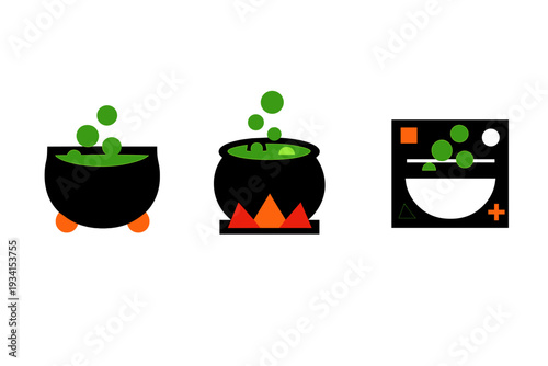 A set of three stylized icons featuring a black cauldron with bubbling green liquid, one heated by a fire and another showing abstract geometric elements.